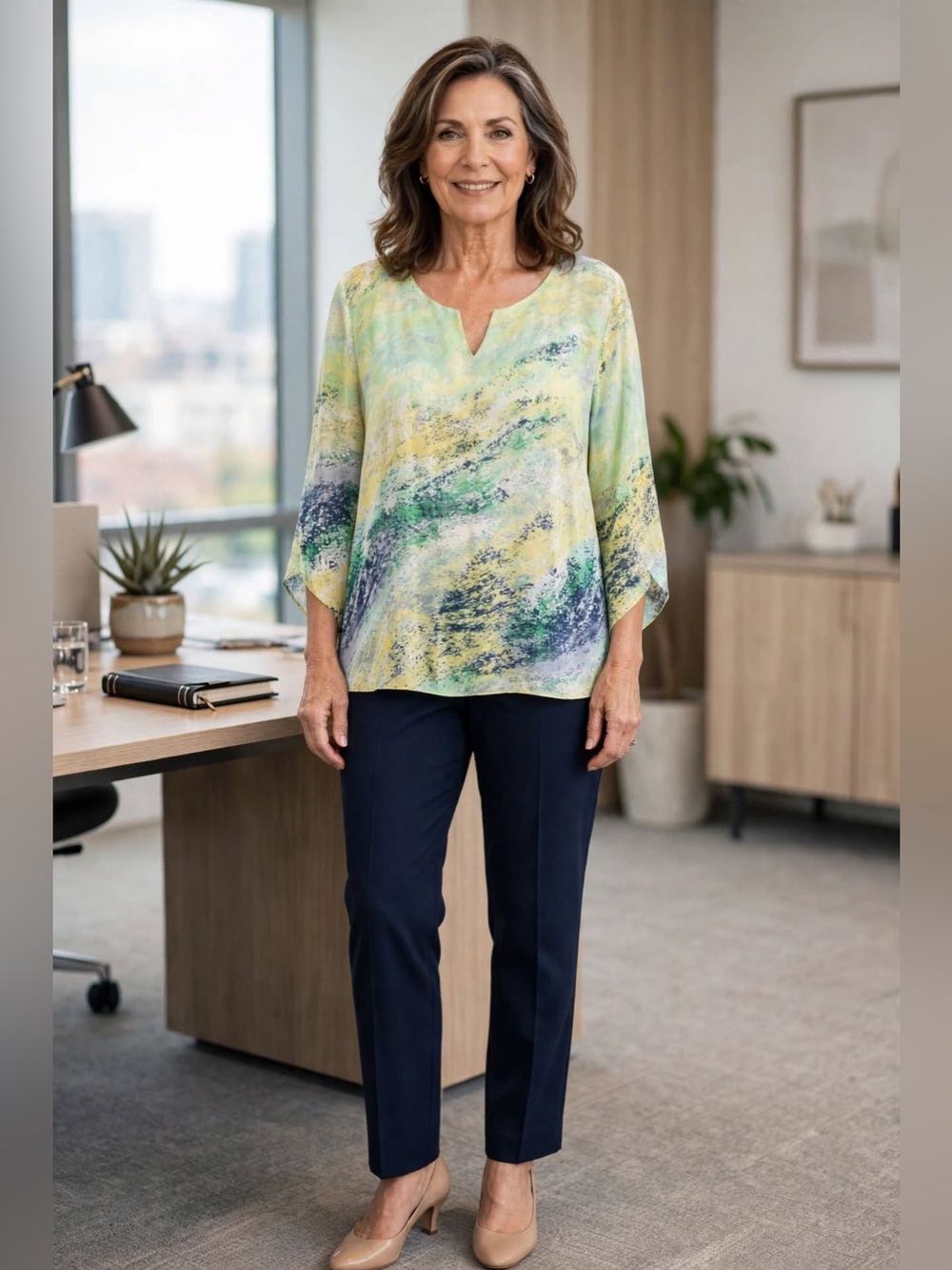 JM Collection Painterly Print Tunic in Yellow, Green and Blue